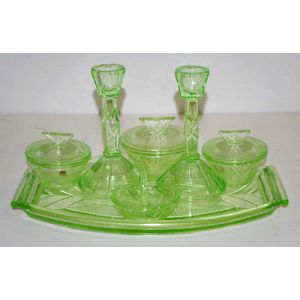 Art Deco uranium glass dressing table set comprising of a tray,…