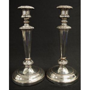 Pair early 19th century Sheffield Plate candlesticks each with…