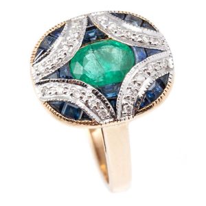 A 9ct gold Art Deco style emerald diamond and sapphire ring,…