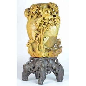 Chinese Soapstone Mantle Piece with Floral Carvings - Zother - Oriental