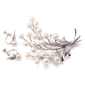 A pair of pearl and diamond screw earrings and a pearl brooch,&hellip;