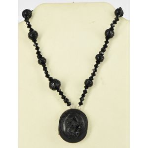 A mourning jet necklace, facetted and carved beads with a cameo&hellip;