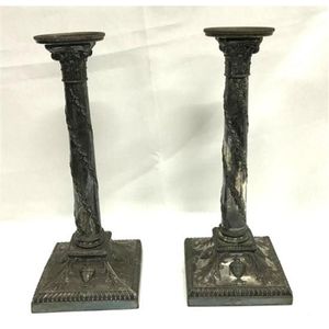 A pair of Walker & Hall Sheffield Plate candlesticks, height 33…