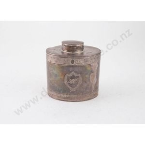 George III sterling silver oval tea caddy with bright cut bands…