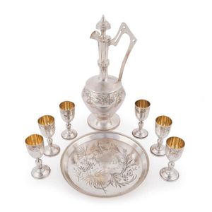 Russian silver drinks set comprising a decanter, six vodka cups…