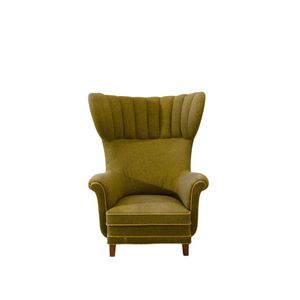 Scandinavian High Back Chair in Oak and Green Striped Upholstery