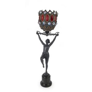 A German Art Deco figural lamp, cast metal with Bohemian metal…