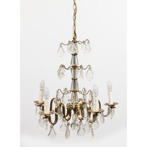 A brass and glass five arm chandelier, mid 20th century, with…