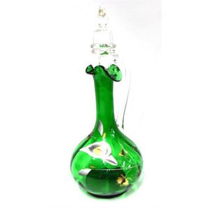 A Victorian green glass handpainted decanter, height 30 cm