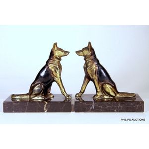 A pair of Art Deco spelter Alsatian bookends, circa 1920s, a…