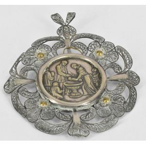 A Christening icon, silver and metal frame. Diameter 90 mm