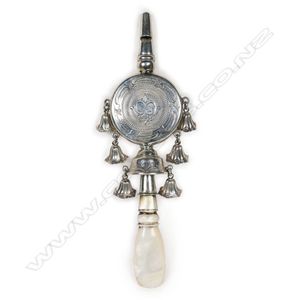 An unusual Victorian silver baby rattle, whistle to the top of…