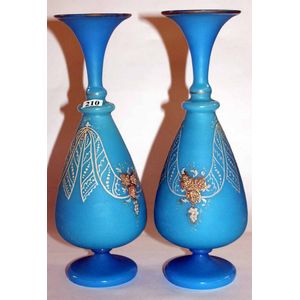 A pair of Art Nouveau French blue stain glass vases, with…