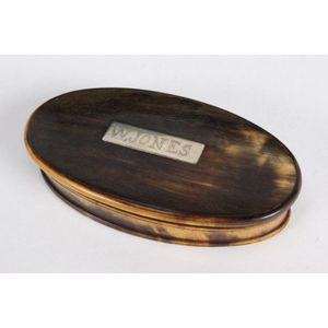 Late Georgian horn snuff box and cover, of oval form, set with…