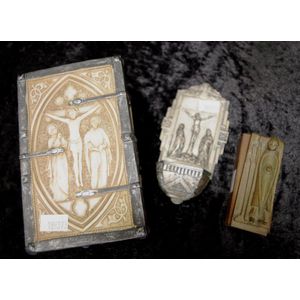Three religious artifacts including a rose water font and a…