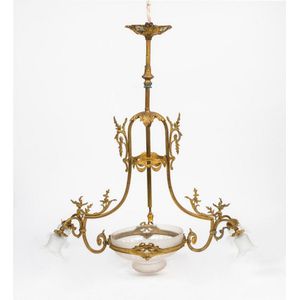 A Victorian brass five branch chandelier together with two…