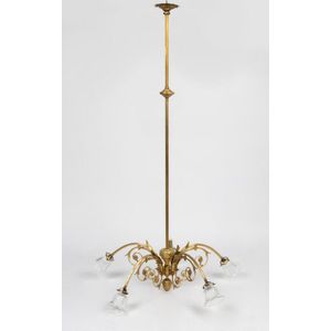 A Victorian brass five branch chandelier, 170 cm high