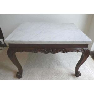 Two white marble top carved walnut lamp tables on carved…