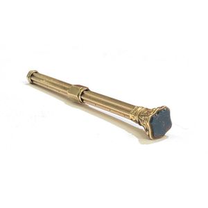 A gold lined, bloodstone seal top propelling pencil, engine…