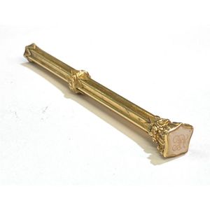 A gold lined, agate seal top propelling pencil, ridged detail,…