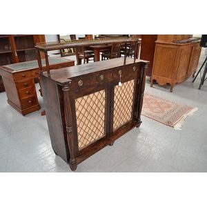 Regency rosewood chiffonier, two doors with brass lattice…