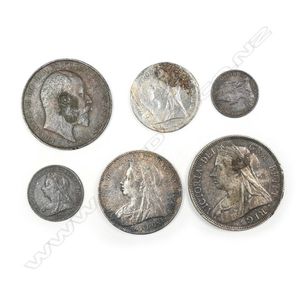 A set of six silver and copper coins from the wreck of the SS…