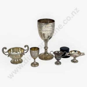 Six various sterling silver prize cups, comprising a goblet at&hellip;