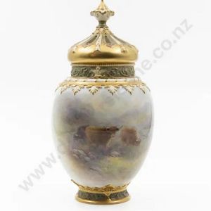 Royal Worcester vase and cover, ovoid body painted with…