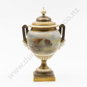 Royal Worcester urn and cover, painted with highland cattle in…