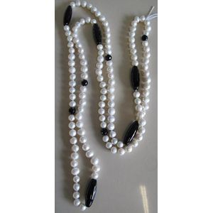 Opera length white pearl black onyx necklace