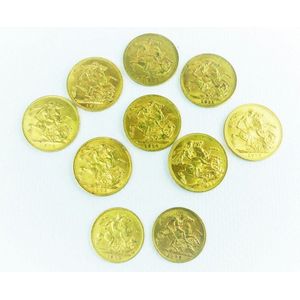 Eight full sovereigns and two half sovereigns from 1905 to 1912…