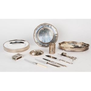 A collection of English silverplate cutlery, trays and plates,…