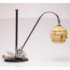 An Art Deco telescopic chrome arc table lamp with Milky amber…