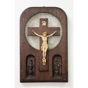 Vintage French oak backed crucifix, with glass halo, applied…