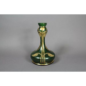 Art Nouveau Loetz style French green glass vase with gilt…