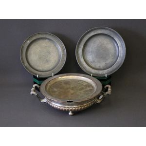 Early bain marie and two early pewter plates. Bain Marie…
