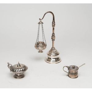 Group of 4 silver & silver plated items: incense burner on…