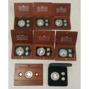 Eight Australian precious metal coin sets with gold $5,…