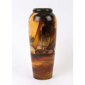 Hand-painted pokerwork vase with fishing scene, circa 1925 31…