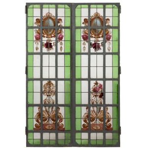 A pair of painted leadlight steel framed doors, circa 1900,…