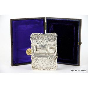 A cased Victorian sterling silver castle top card case, 1865…
