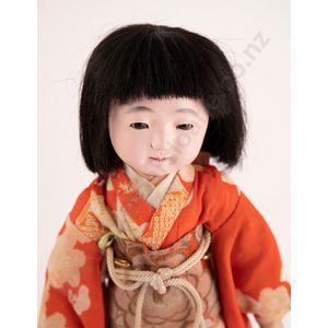 Vintage Japanese doll, stationary brown eyes closed mouth,…