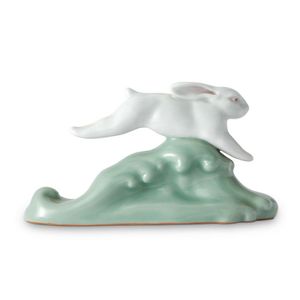 2 Celadon Ceramic Rabbit Figurines in Turquoise - Bunny Rabbits