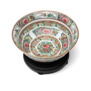 A large Chinese famille rose porcelain bowl on timber stand,…