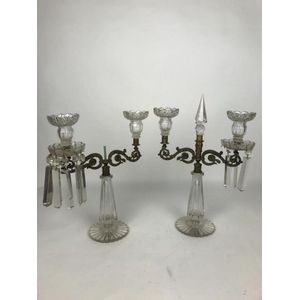 A pair of gilt bronze mounted crystal lustre candelabra A/F