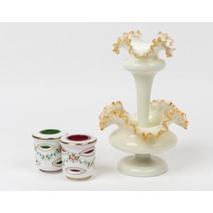 Two Bohemian colour glass candle holders and a milk glass…