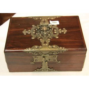 An impressive mahogany and brass bound cigar box, 12 cm high,…