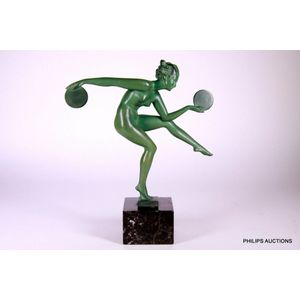 A cold painted spelter Art Deco female dancer, signed Derenne,…
