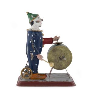 Tin-plate clown with bass drum and cymbal, mechanical hand-wind…