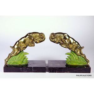 A pair of cold painted spelter goat bookends, circa 1930s, a…